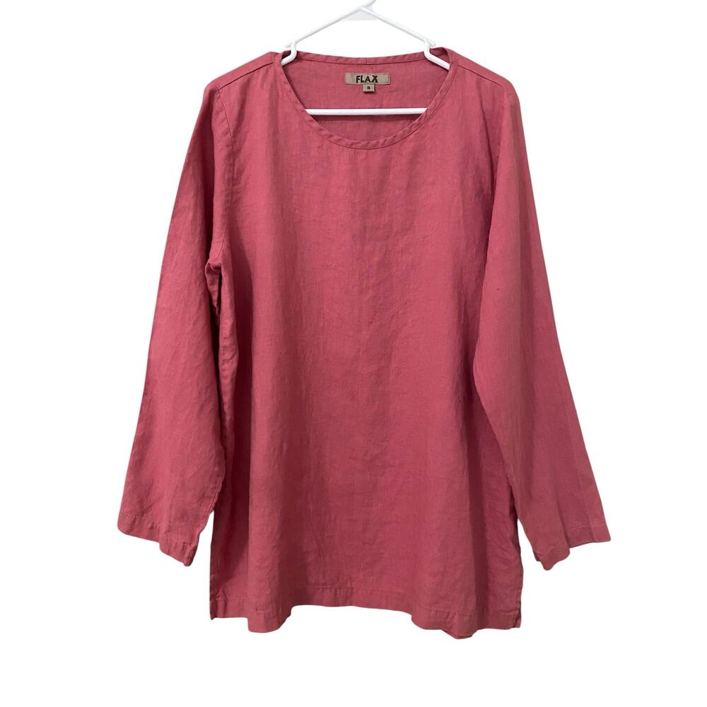 Flax 100% Linen Long Sleeve Tunic Top Small Pink Round Neck Shirt Relaxed Fit